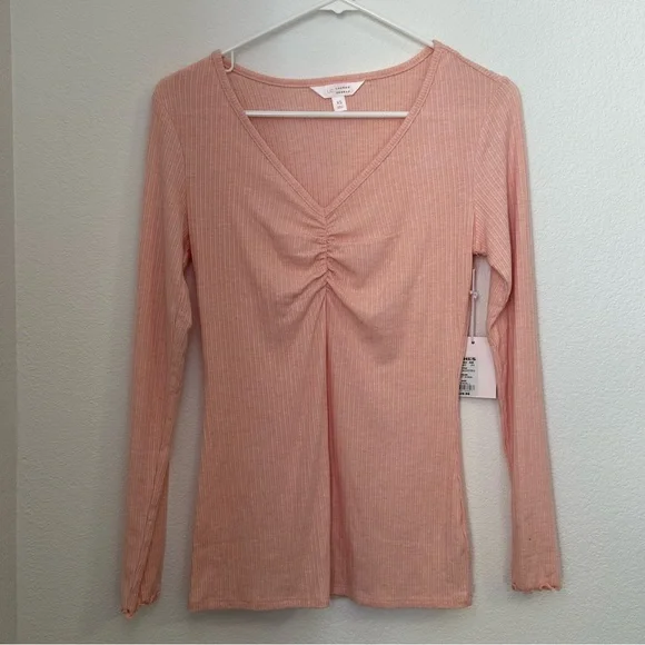 Lauren Conrad Soft Stretchy Ruched V-Neck Long Sleeve Fitted Top Light Pink - Picture 3 of 7